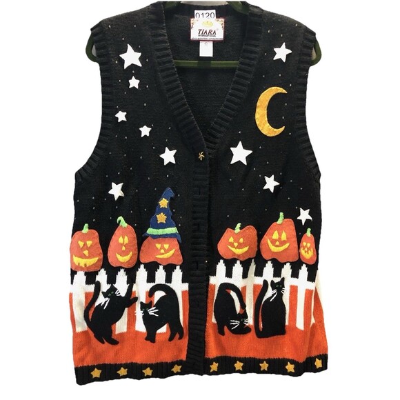 Tiara International Vintage Halloween Sweater Vest Pumpkins Fence Cats Women L - Picture 1 of 3